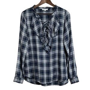 Jane and Delancey Women Size L Ruffled Blouse Shirt Lace Up Neckline Plaid Rayon